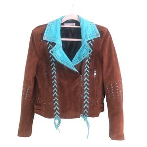 Bagatelle Suede Brown/Electric Blue Studded Moto Jacket- New